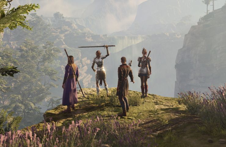 personaggi di baldur's gate 3 di spalle su un precipizio