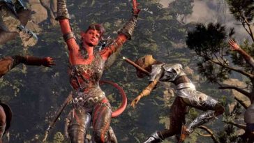 demone rosso con armatura che salta con braccia in alto, dona pelle verde che salta con posa di danza