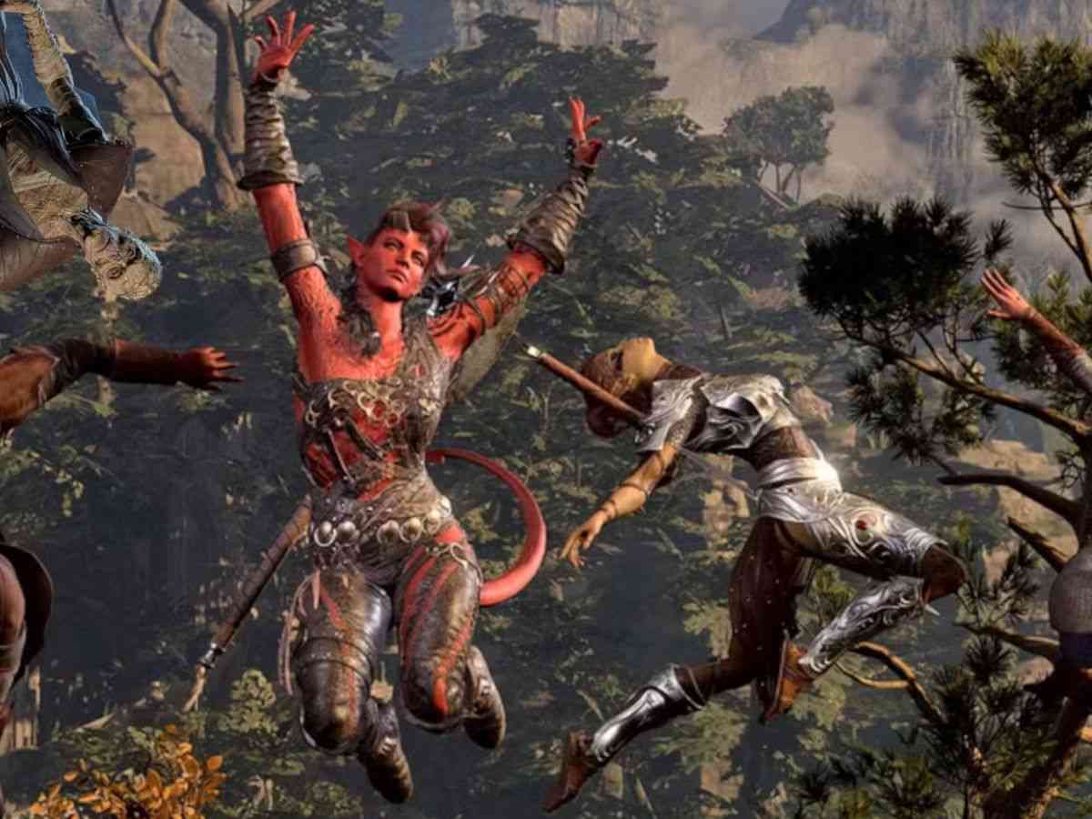 demone rosso con armatura che salta con braccia in alto, dona pelle verde che salta con posa di danza