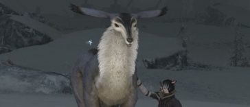 personaggio con coda che accarezza cervo gigante