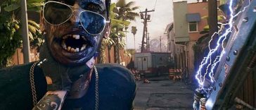 zombie con occhiali da sole tenuto dal collo, arma con elettricità