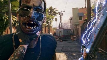 zombie con occhiali da sole tenuto dal collo, arma con elettricità