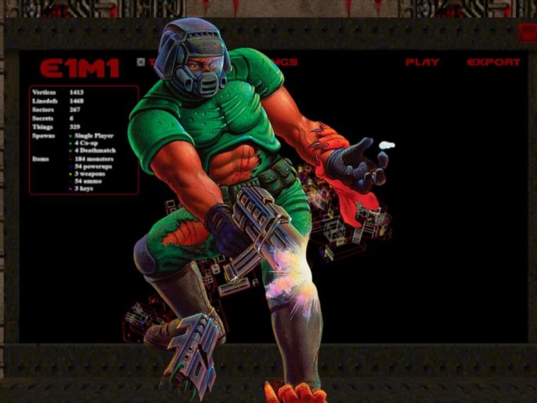 Doom Guy in primo piano su sfondo pagina di DoomScroll