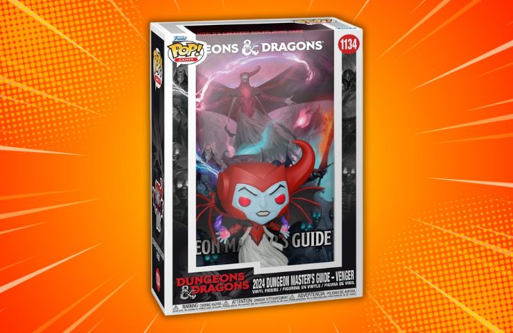 funko pop Dungeons & Dragons: Manuale del Dungeon Master e Venger su sfondo arancione