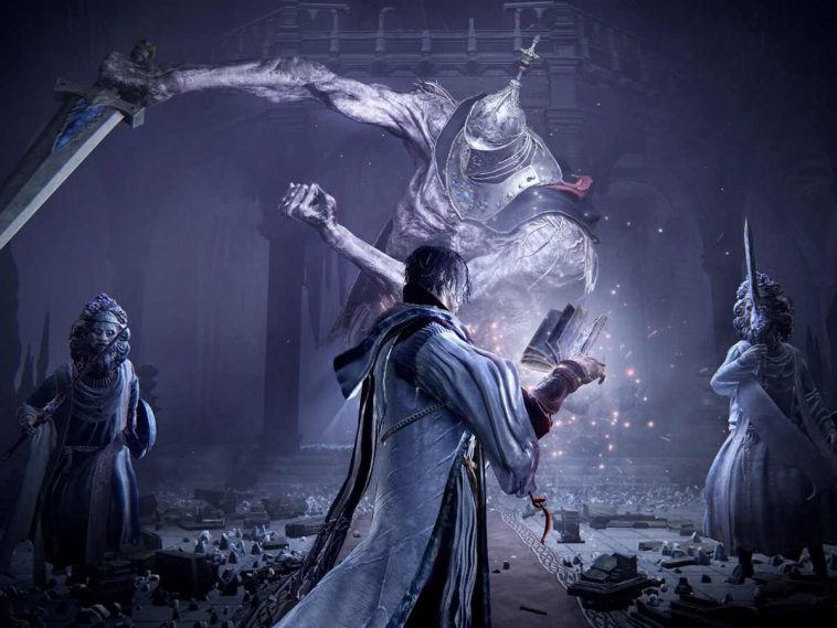 screenshot di elden ring nightreign forsaken hallows con mago davanti a statue