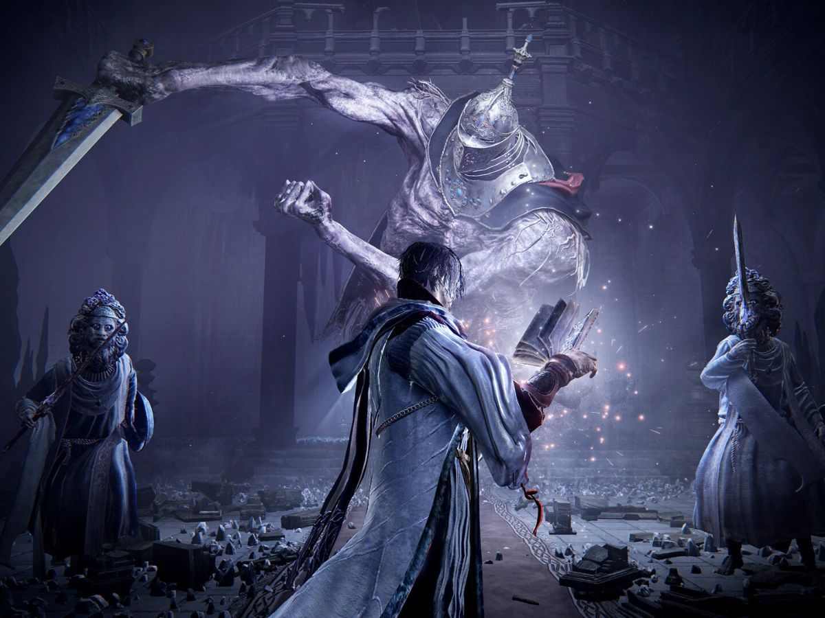 screenshot di elden ring nightreign forsaken hallows con mago davanti a statue