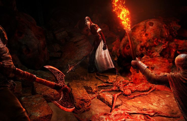 screenshot di elden ring nightreign forsaken hollows con grotta con torcia