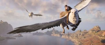 mago vola sopra cavallo-aquila su lago