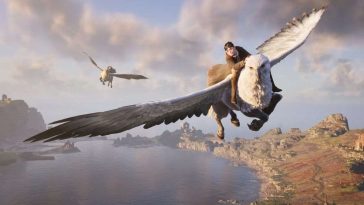 mago vola sopra cavallo-aquila su lago