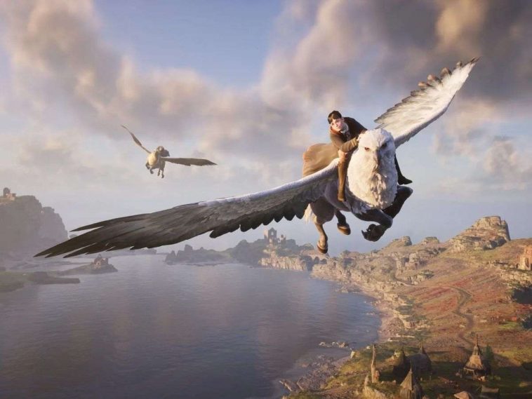 mago vola sopra cavallo-aquila su lago