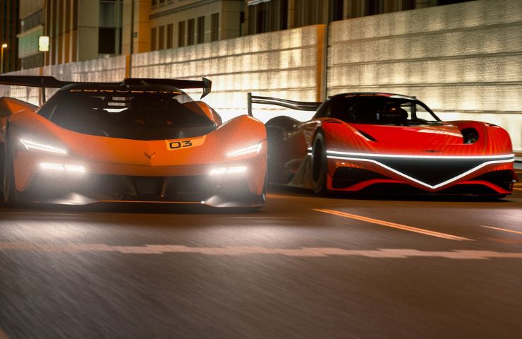 screenshot di gran turismo 7 con ferrari da corsa affiancate