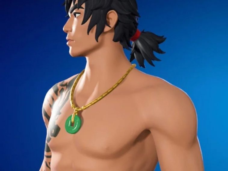 primo piano sul petto della skin di wu carter in fortnite