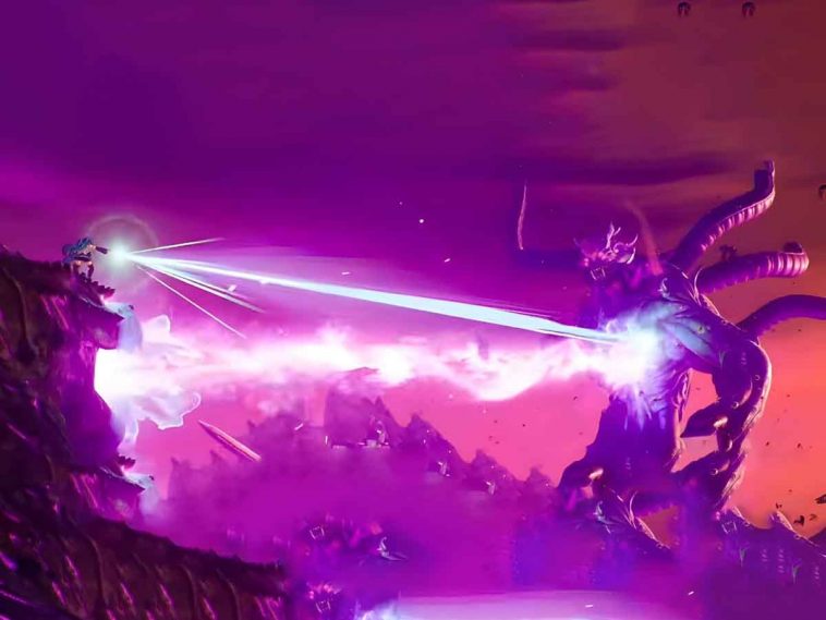 guerriero magico spara raggio contro mostro draconico