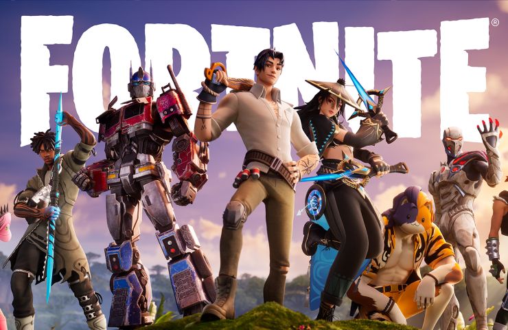 personaggi di fortnite con scritta logo del gioco alle spalle