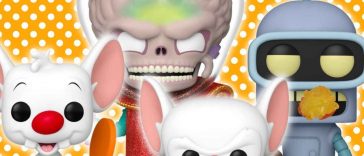 3 funko pop su sfondo arancione con pallini bianchi