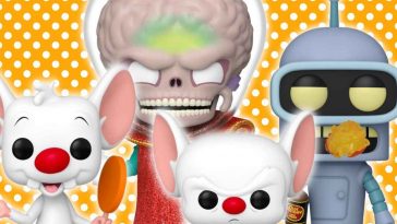 3 funko pop su sfondo arancione con pallini bianchi