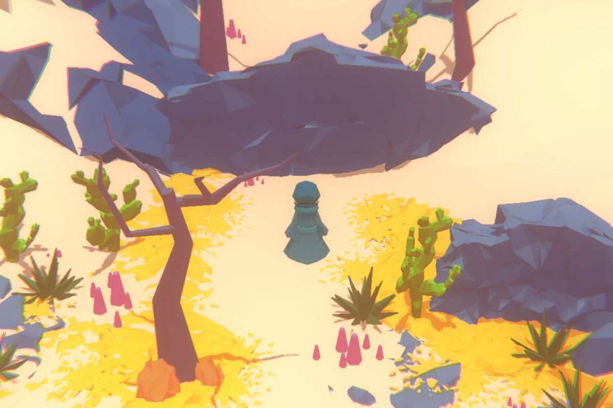 personaggio visto dall'alto in sentiero con alberi e pietre