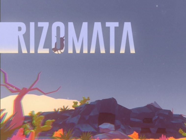 paesaggio con alberi e uccelli, scritta rizomata