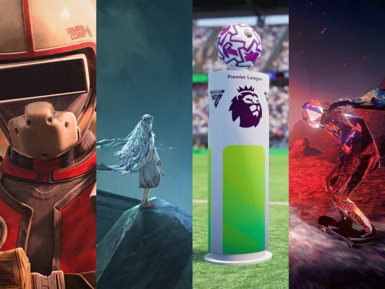 collage di quattro giochi affiancati verticale: arc raiders, elden ring nightreign, football manager 26, skate story