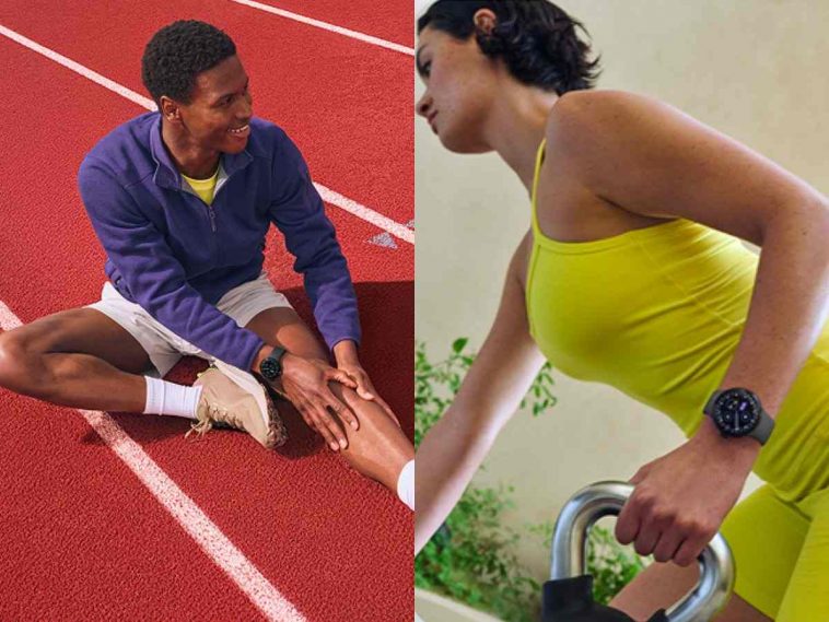 immagine divisa a metà con due persone che indossano il google watch 4