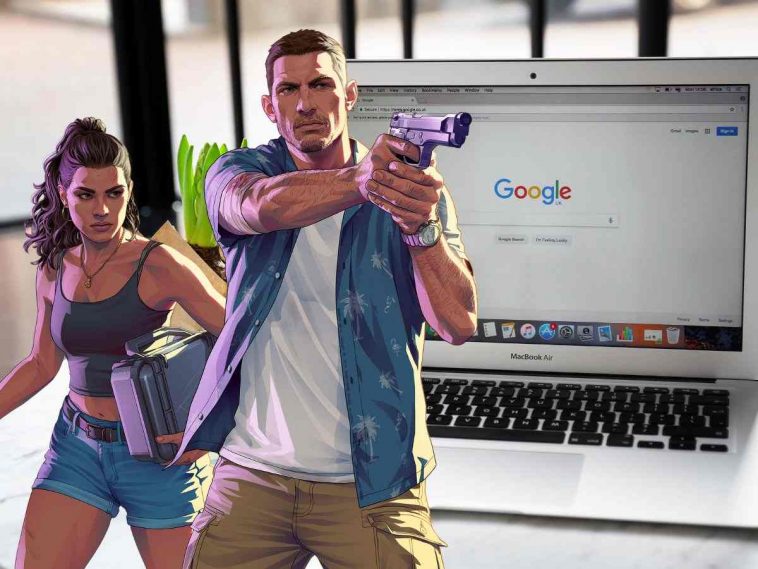 personaggi protagonisti di gta 6 davanti al PC con schermata google