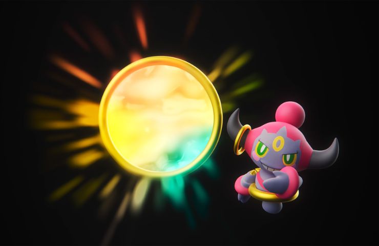 immagine chiave di leggende pokemon z-a con hoopa e portale dimensionale su sfondo nero