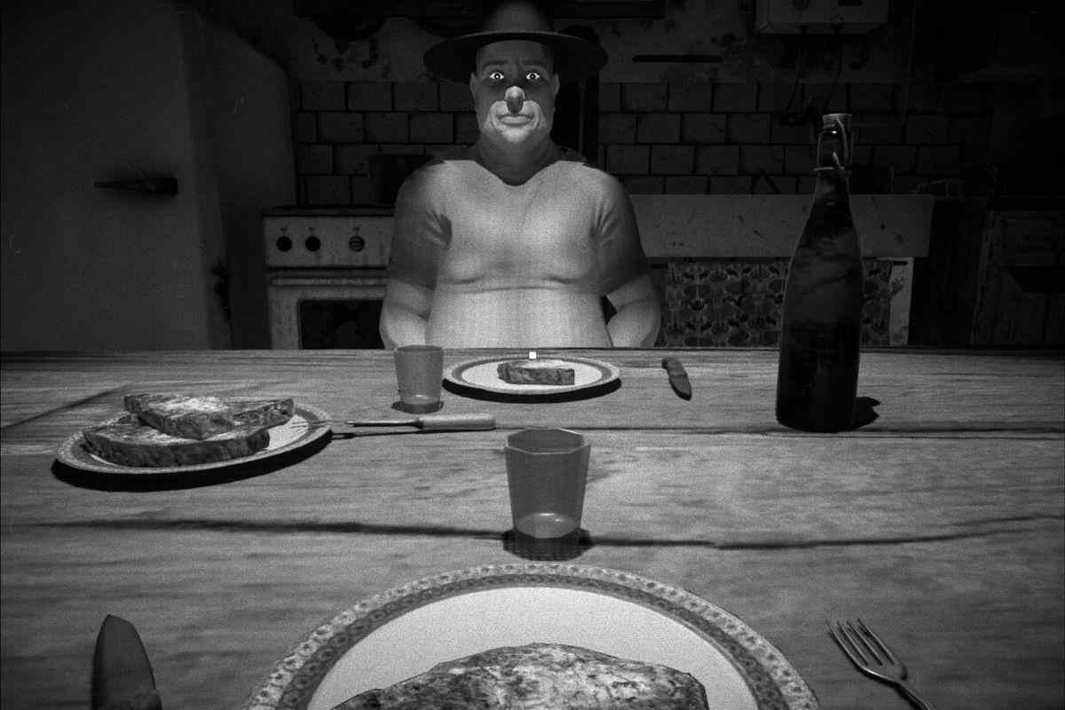 uomo obeso seduto a tavola, visione in bianco e nero