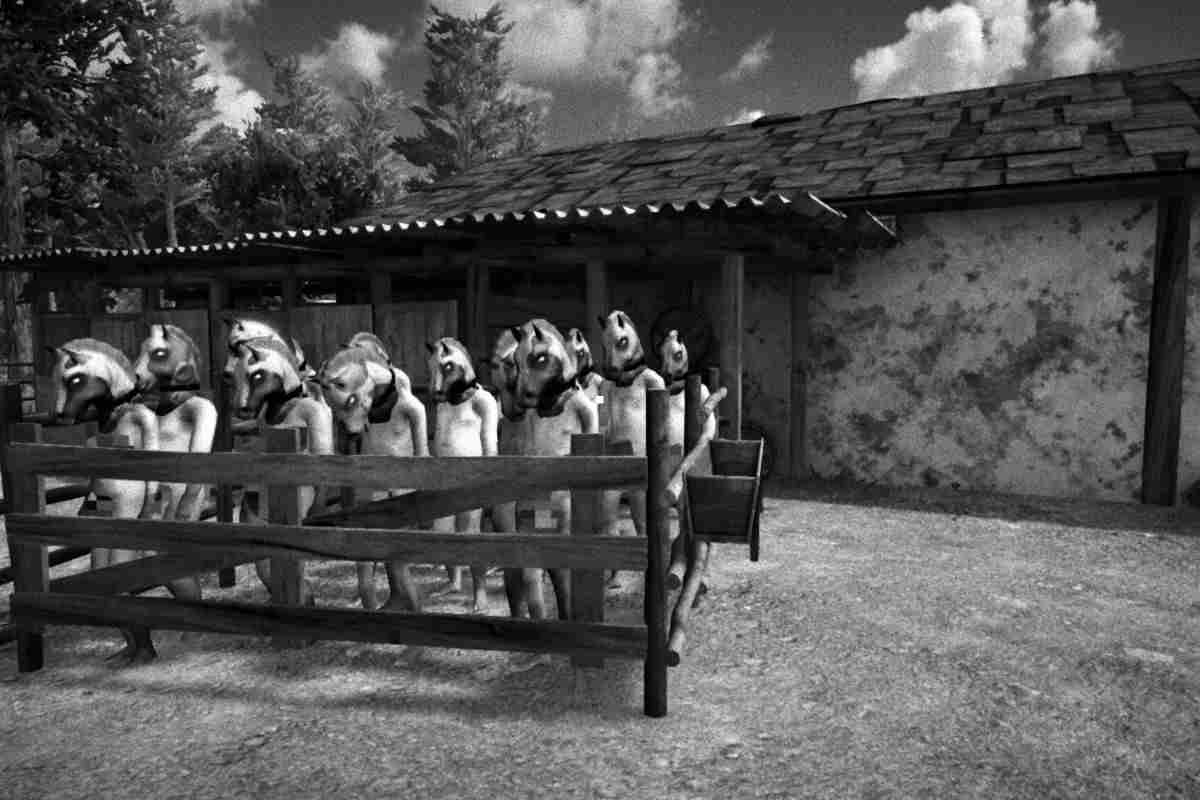 recinto con dentro uomini con faccia di cavallo