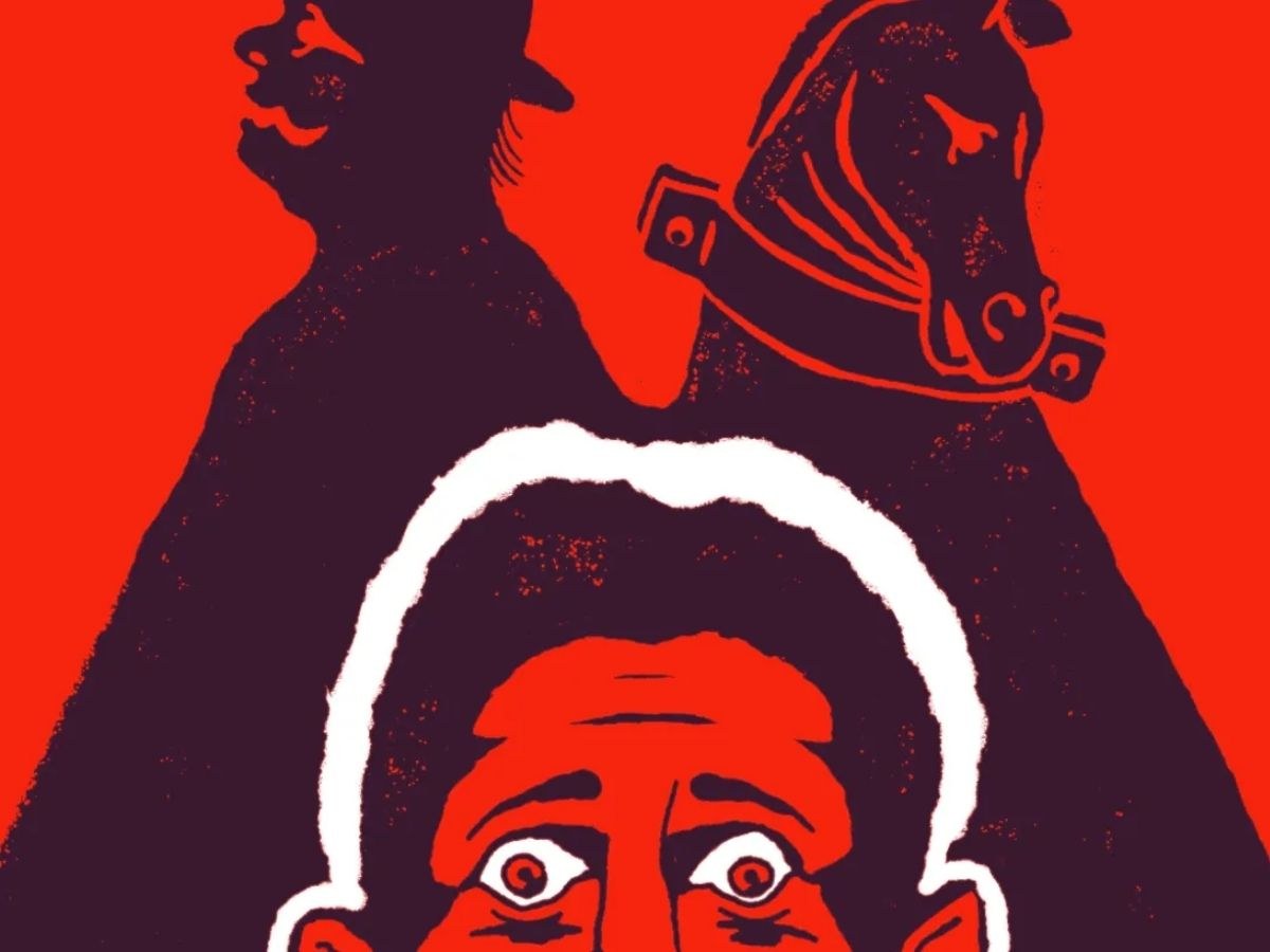 uomo con faccia rossa, immagne stilizzata uomo con cappello e cavallo