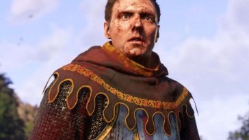 personaggio con blusa medievale, sangue in faccia