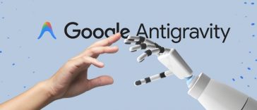 mano robot e mano umana che si avvicinano, scritta google antigravity