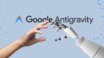 mano robot e mano umana che si avvicinano, scritta google antigravity