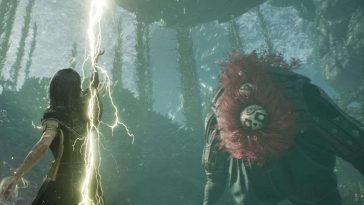 lune personaggio femminile di clair obscur che lancia fulmine contro mostro con chioma rossa