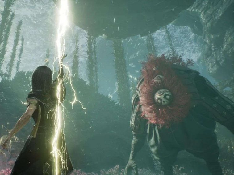 lune personaggio femminile di clair obscur che lancia fulmine contro mostro con chioma rossa