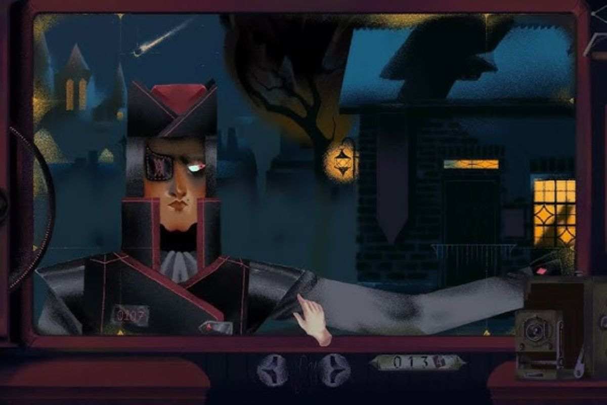 uomo com abito nero, cappello nero, benda sull'occhio