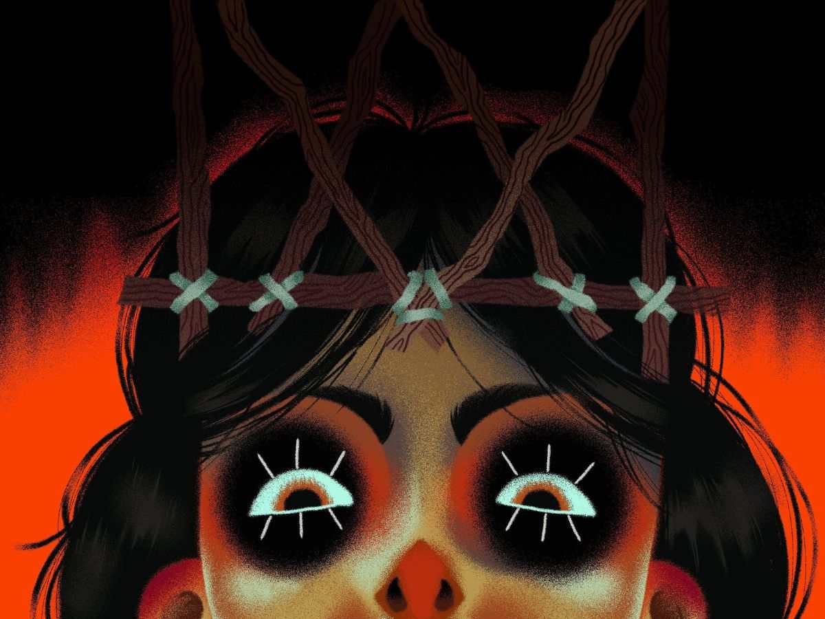 VIso ragazza con trucco nero attorno a occhi e corna fatte con rami