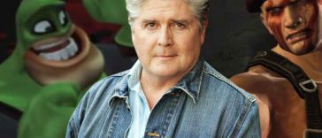 mezzo busto di jim ward con alle spalle personaggi di capitano qwark e jack krauser