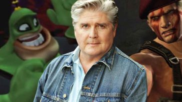 mezzo busto di jim ward con alle spalle personaggi di capitano qwark e jack krauser