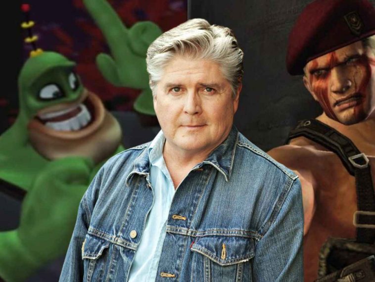 mezzo busto di jim ward con alle spalle personaggi di capitano qwark e jack krauser