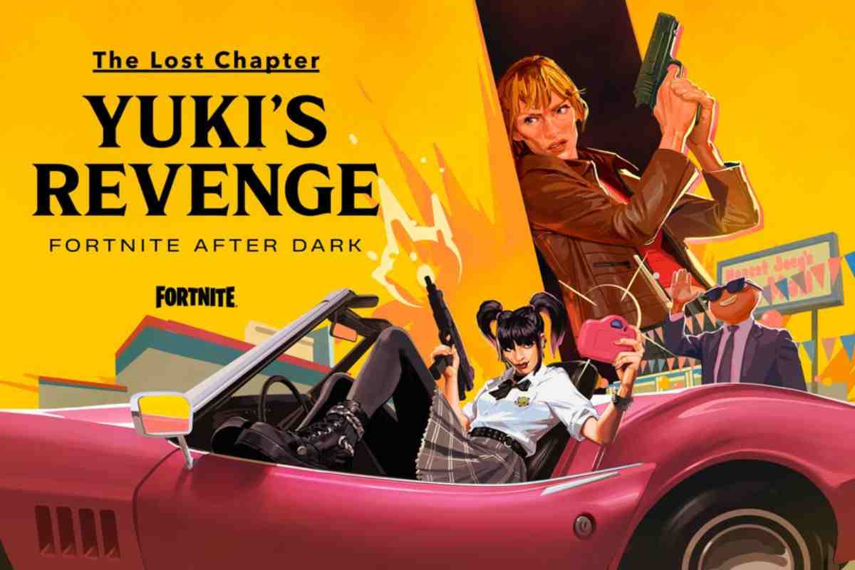 donna giapponese con camicia bianca e gonna dnetro auto rosa che regge mitraglietta, sullo sfondo donna bionda con pistole