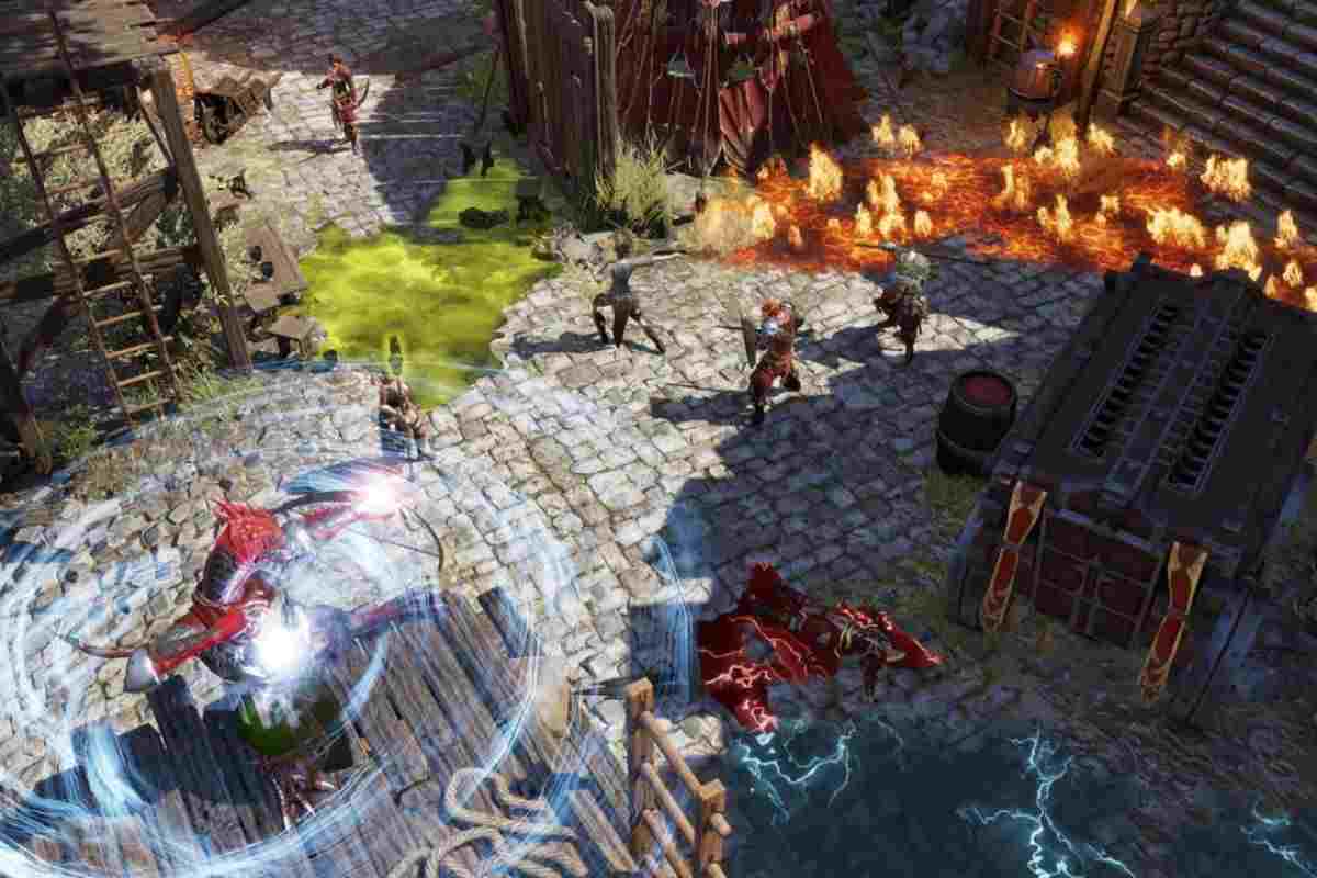 vista dall'alto di combattimento con draghi e cicloni d'ara, guerrieri