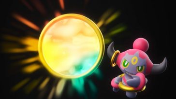 immagine chiave di dlc leggende Z-A megadimensione con Hoopa che apre un foro dimensionale