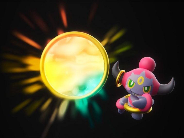 immagine chiave di dlc leggende Z-A megadimensione con Hoopa che apre un foro dimensionale