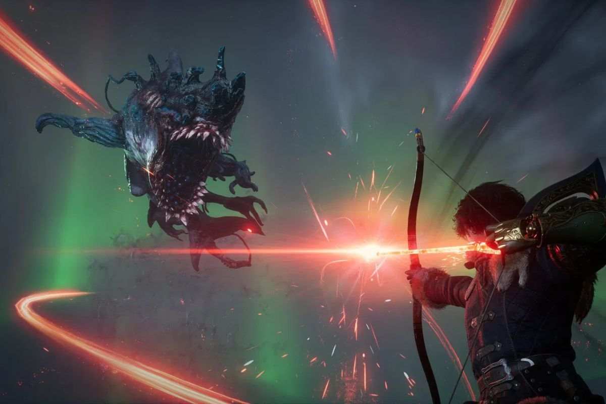 personaggio con capelli neri tende arco infuocato contro testa di mostro fluttuante blu