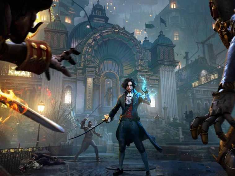 personaggio maschio con braccio con fuoco blu, vestito blu ttocentesco, spada curva in mano, mostri lo aggrediscono