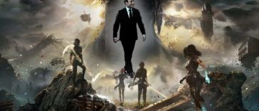 4 personaggi di spalle che guardano verso MAcron che cammina