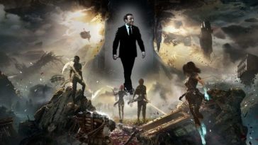 4 personaggi di spalle che guardano verso MAcron che cammina