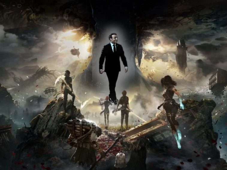 4 personaggi di spalle che guardano verso MAcron che cammina