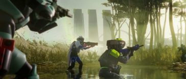 tre soldat futuristici con tute e fucili dentro lago con alberi