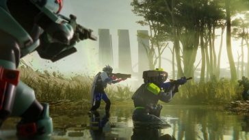 tre soldat futuristici con tute e fucili dentro lago con alberi